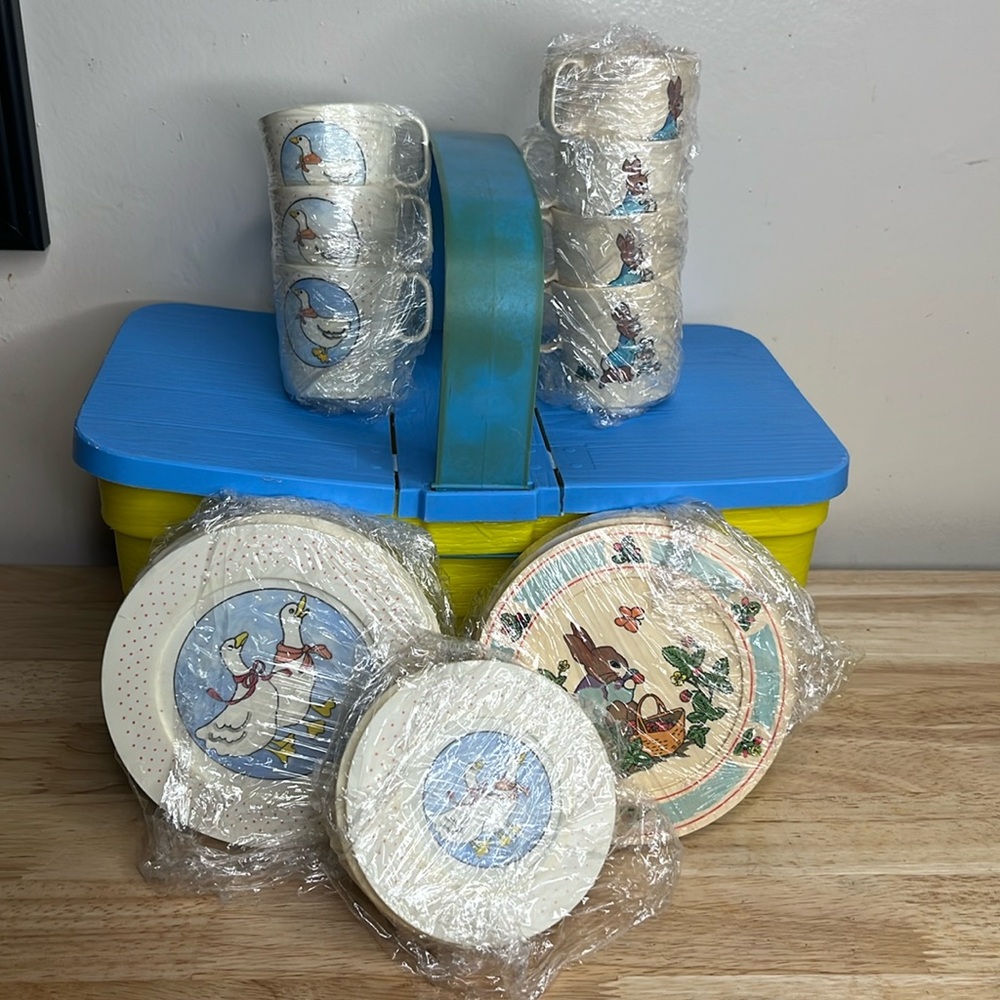 Vintage Geese and Peter Rabbit Children’s Plastic Plates cups Tea Party Set